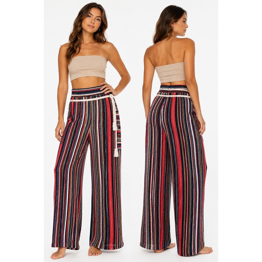 Velvet Heart Wide Leg Pants‎ Women Medium Red Striped Rope Belt Boho Beachy